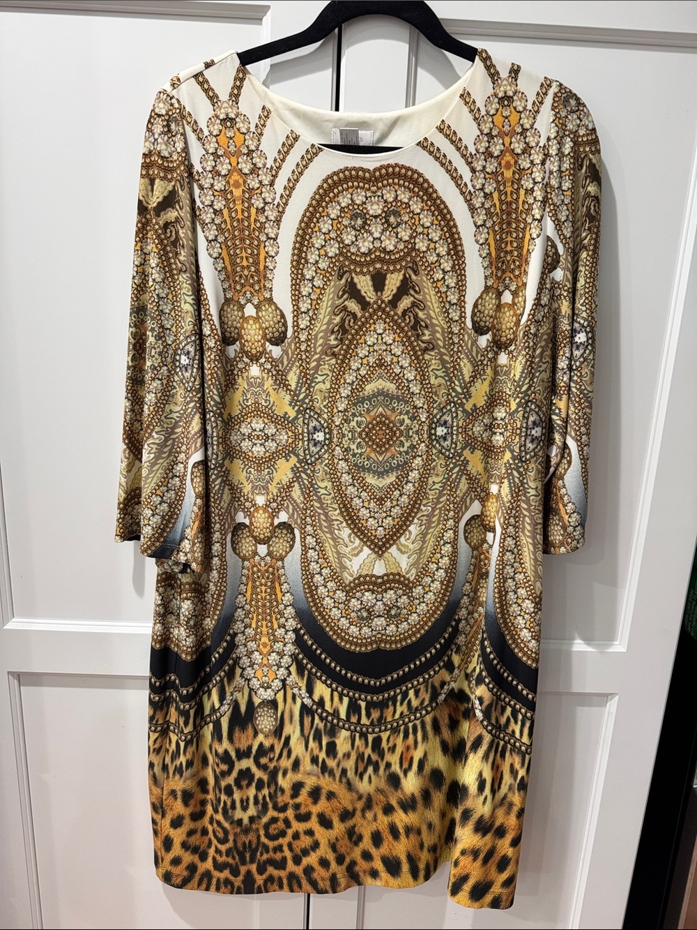 Chico's Cream, Gold and Brown Ornate Medallion Long-Sleeve Shift Dress